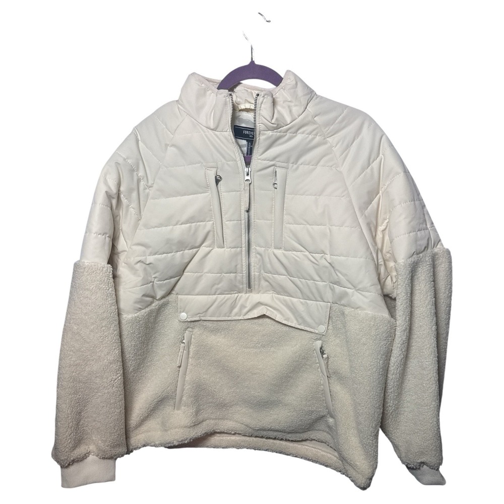 Forever 21 Men Cream Mixed Media Quilted Pullover Jacket with Sherpa Fleece Lrge